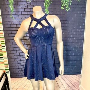 Crystal Doll short, navy blue, eyelet dress with neckline cut-outs